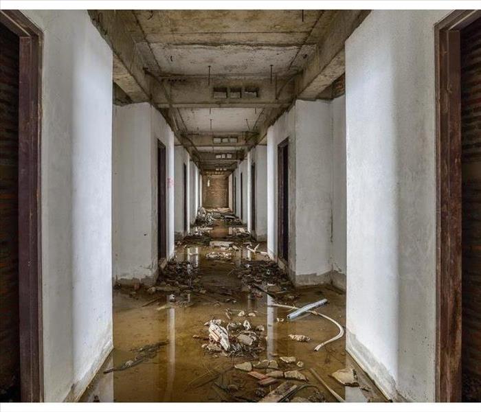 The inside of a building flooded